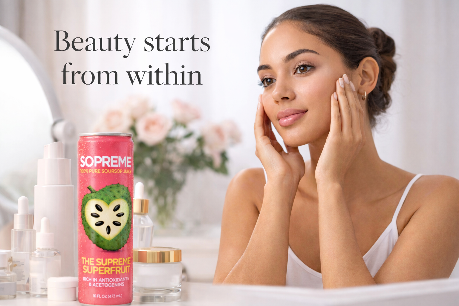 girl doing her skincare while drinking soursop as her routine 