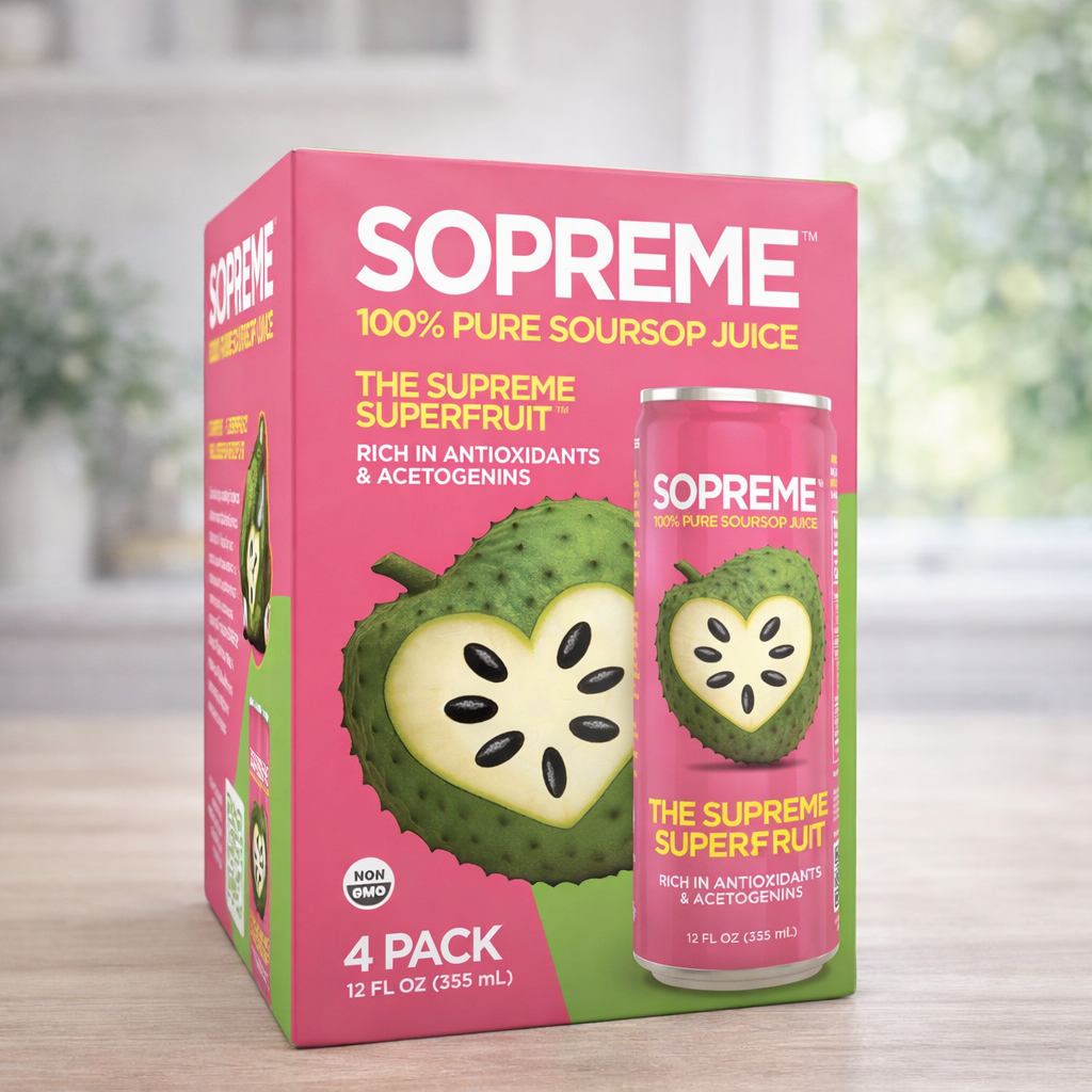 SOPREME 4 pack of 100 percent pure soursop juice in 12 ounce cans