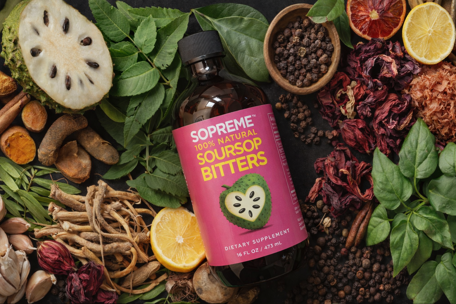 Soursop bitters bottle displayed with natural botanical ingredients